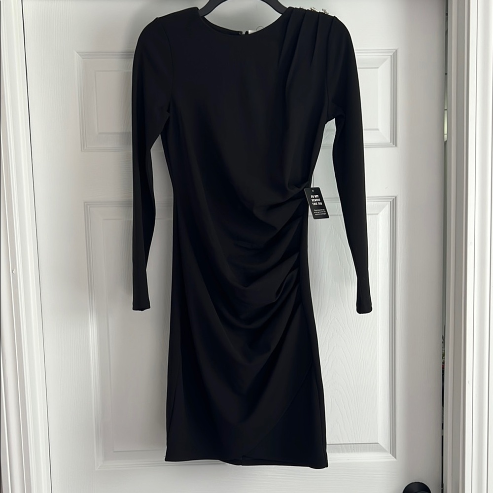 Express Black Asymmetrical Long Sleeve Sheath Dress